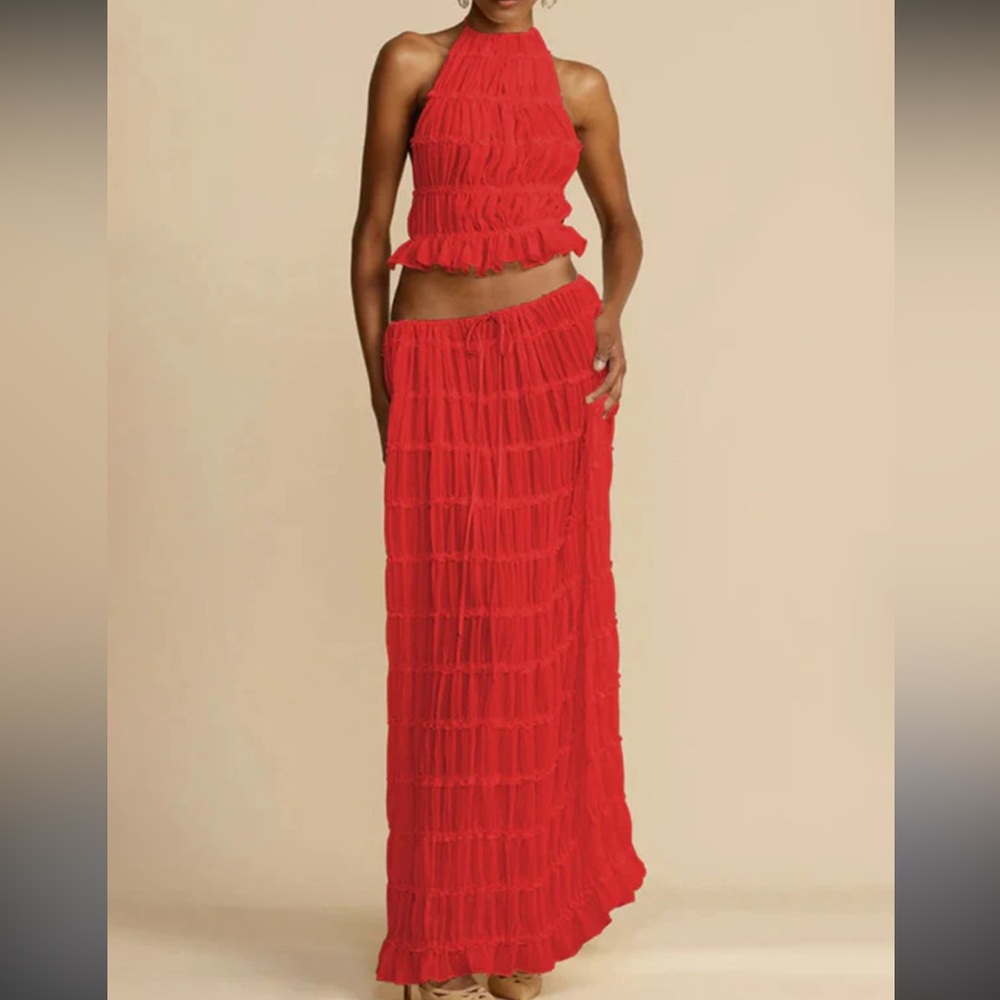 Elegant Red Crinkle Top and Maxi Skirt Set